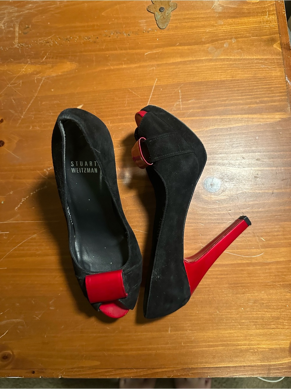 Stuart Weitzman Black Suede Peep-Toe Pumps with Red Heel and Toe Accent